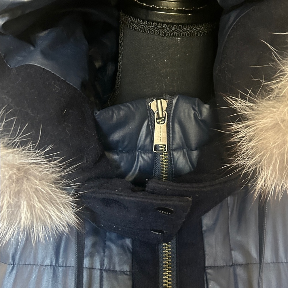 Andrew Marc Fox Fur
Trim Hood Belted Puffer Navy Jacket - Picture 4 of 14